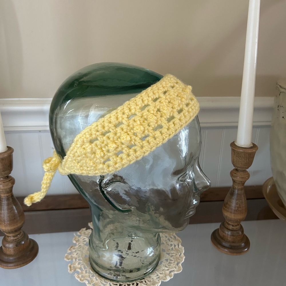 Sunny Yellow Crochet Headband. 2 1/2 inches wide. Adjustable length